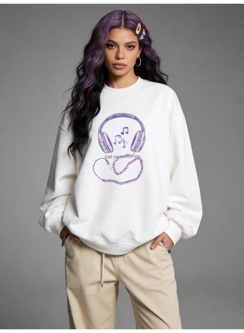 ليرين Off-White "Headphone & Music Note" Doodle Oversized Crew Neck Sweatshirt | Unisex Pullover With "Call me" Slogan - Image 5